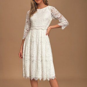 Lulu's Forever White Lace Three Quarter Midi Dress
